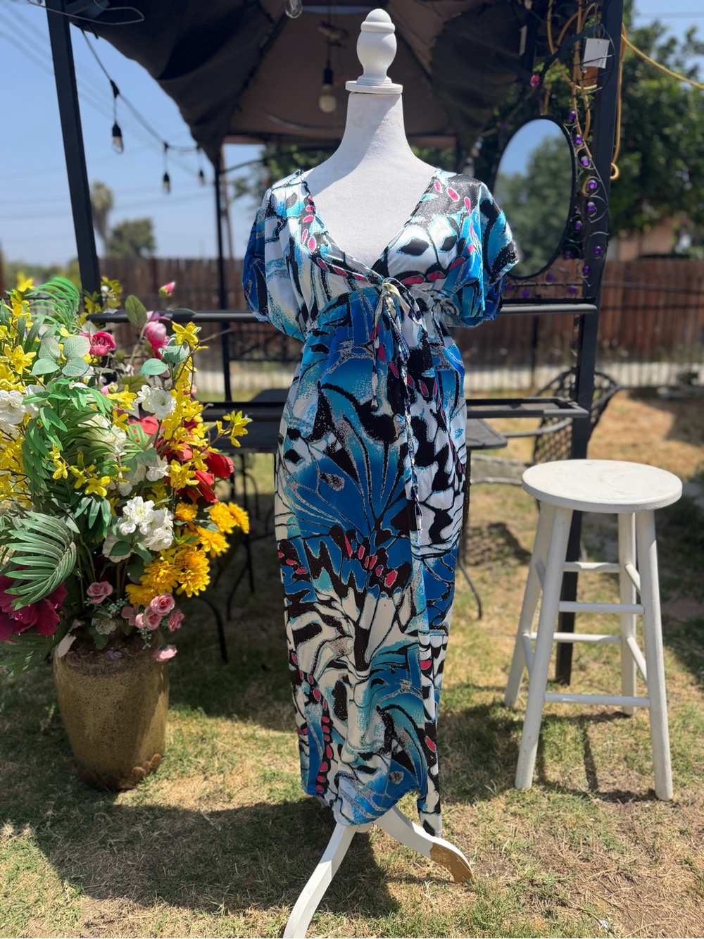 Othr Blue Abstract Print V-Neck Maxi Dress with Pink Accents
